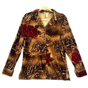 VTG Islander Velvet Shirt Women Sm Rose Dark Floral Fall 90s Y2K Whimsigoth boho